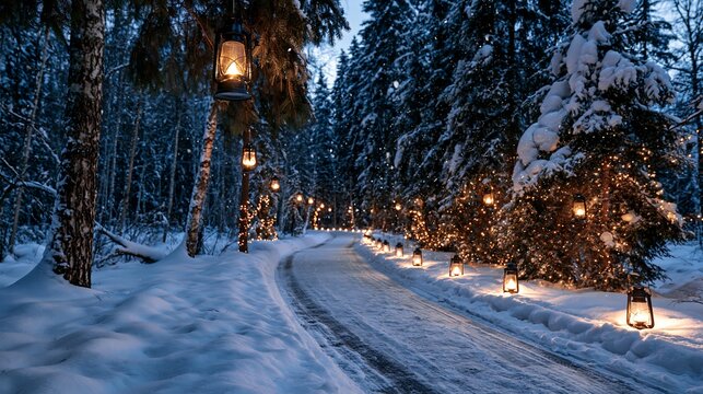 Magical winter forest path illuminated with warm lights and lanterns
