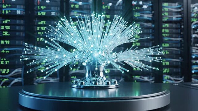 Glowing fiber optic light sculpture on server room background showcasing fast data transmission and connectivity concepts