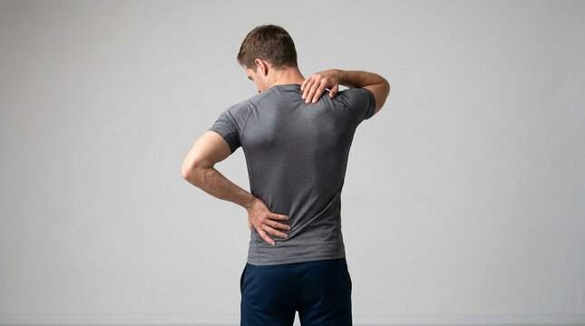 Man stretches his back and shoulder while standing in a plain room