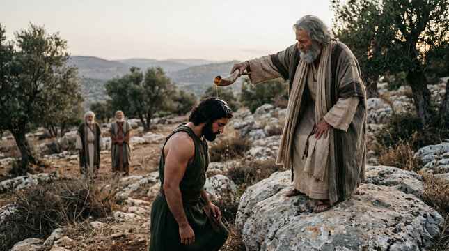 Samuel pouring a flask of anointing oil over the tall, handsome head of Saul, choosing him as Israel's first king