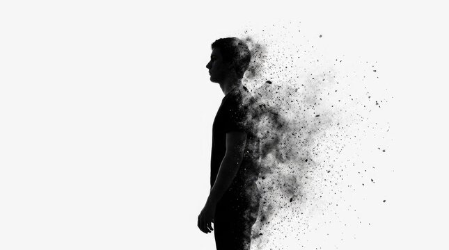 Silhouette of man dissolving into particles on white background