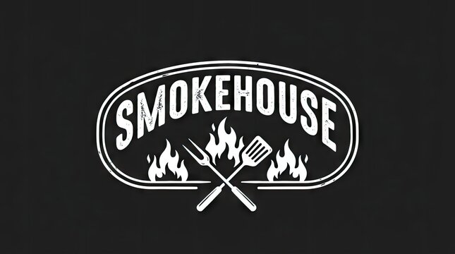 Smokehouse barbecue logo with crossed grill tools and flames.