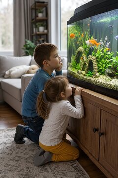 Kids captivated by aquarium fish at home