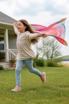 Girl joyfully running with colorful scarf in a grassy yard