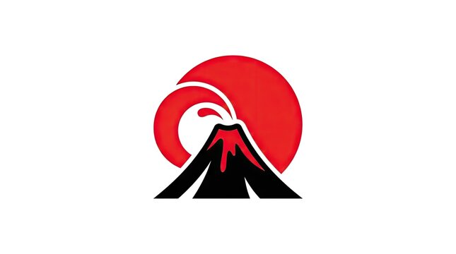 Stylized mountain with red sun and wave logo icon
