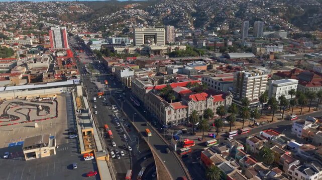Aerial view of valparaiso chile city landscape with urban traffic flow on a sunny day.