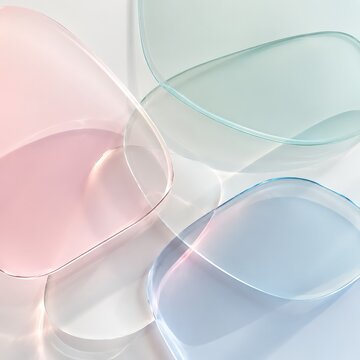 Layered translucent glass shapes in soft pastel light