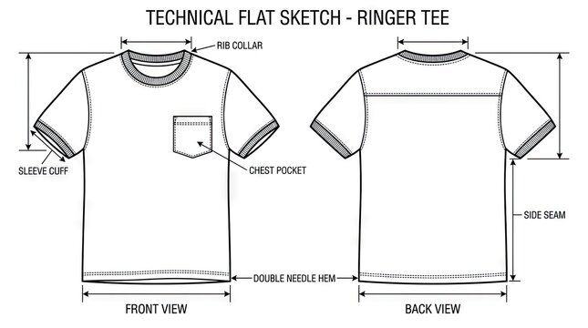 Technical flat sketch of a men's ringer tee template.