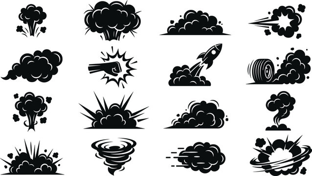 Set of black and white explosion, smoke, and blast cloud for comic book action effects, speed, impact, and motion on a white background