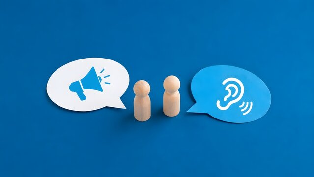 Conceptual representation of active listening and two way communication with wooden figures and speech bubbles