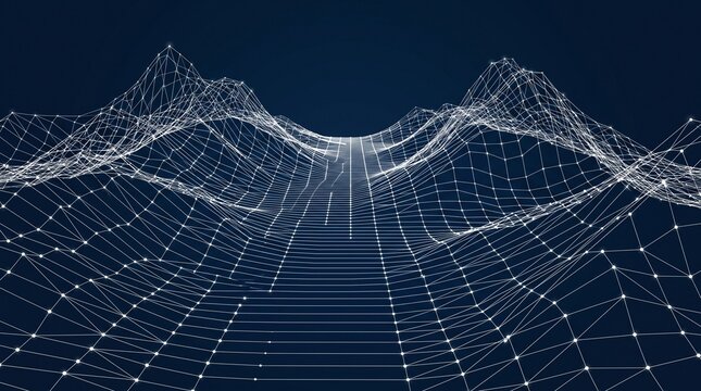 Futuristic 3D wireframe data mesh landscape on dark blue background