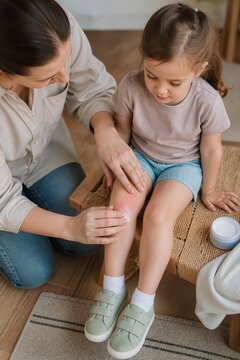 Mother comforting child with knee injury at home