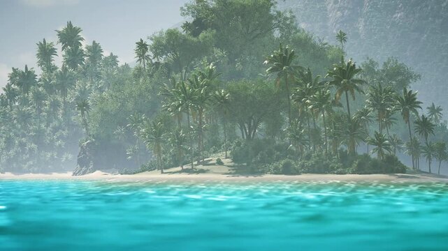 Turquoise water and small island surrounded by dense trees and calm waves, dronefriendly vista with sandy fringe and pristine vegetation under clear sky,