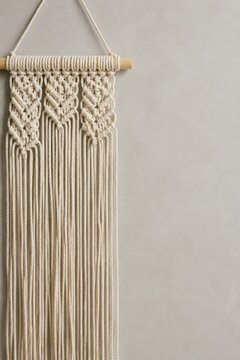 Macrame wall hanging in progress on a wooden dowel