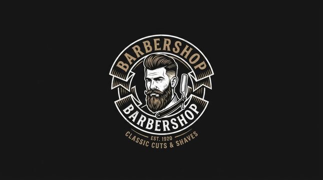 Vintage barbershop logo with bearded man portrait and classic typography.