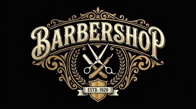 Vintage barbershop logo with crossed scissors and ornate gold frame.