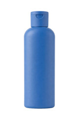 Single blue plastic bottle with a flip-top cap stands upright on a clean white background, captured with bright studio lighting © Chinases