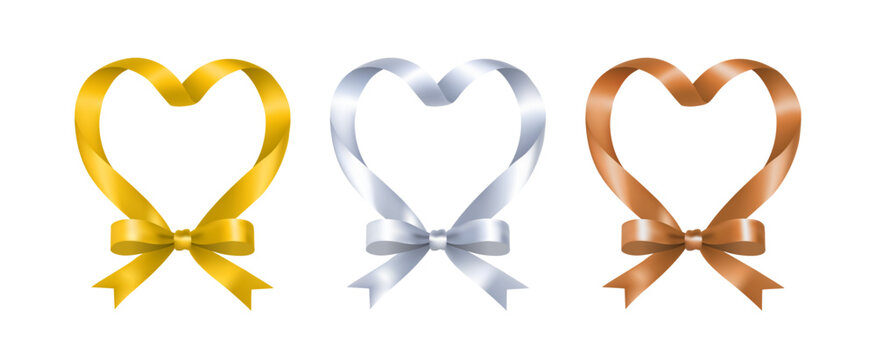 gold,silver,bronze ribbon shaped as a heart with a bow vector illustration isolated on white background