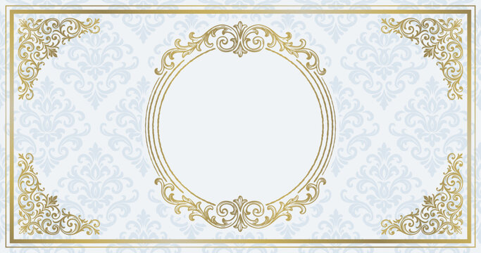 Vintage luxury frame card template on blue damask background with copy space
