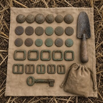 Metal detecting finds and a trowel laid out on a cloth