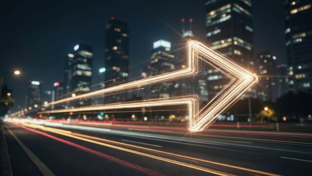A glowing light trail in the shape of an arrow moving fast across a modern city highway at night. Business growth and success concept for corporate presentations.