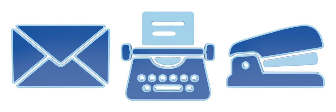 Professional blue envelope typewriter and stapler office icons for business communication and stationery design
