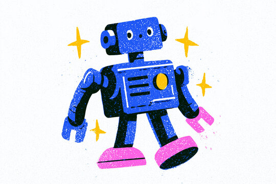 cute blue robot character with stars in retro screen print style on white paper background