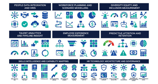 Hr Technology Icons Set, Illustrating Workforce Planning, Talent Analytics, and Predictive Attrition Management