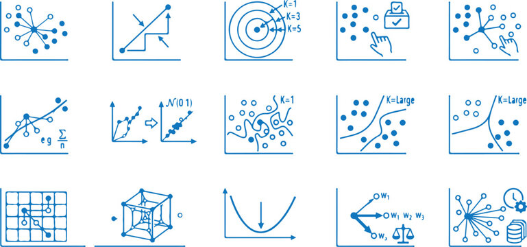 K-nearest neighbors machine learning algorithm KNN classification blue sketch icon set