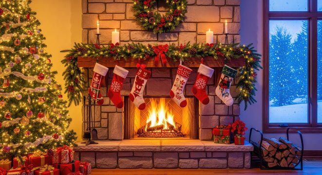 A cozy lit stone fireplace decorated with festive greenery and stockings, complemented by a glowing Christmas tree and snowy winter window, Christmas, winter, yuletide