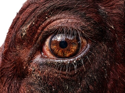 IA generated macro close-up of a black Spanish bull's eye reflecting a bullring arena and sky in its pupil.