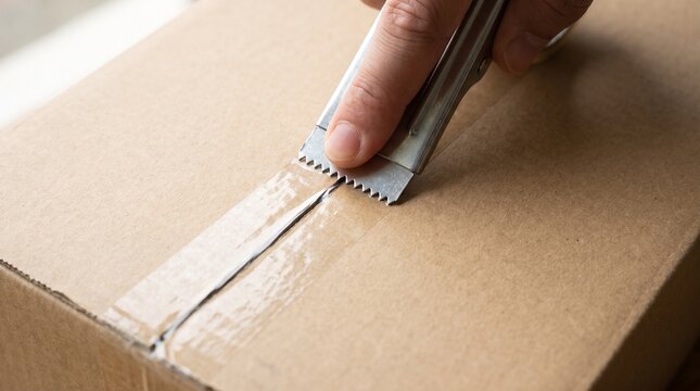 Hand using a tape dispenser to seal a cardboard shipping box for delivery or storage