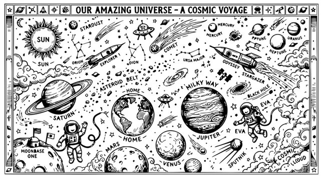 Space set with hand-drawn illustrations featuring planets, rockets, astronaut, comet with stars, UFO and asteroid belt