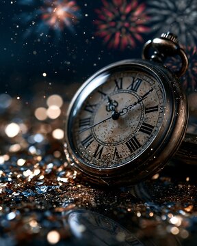 Vintage pocket watch with celebration fireworks and magic bokeh background