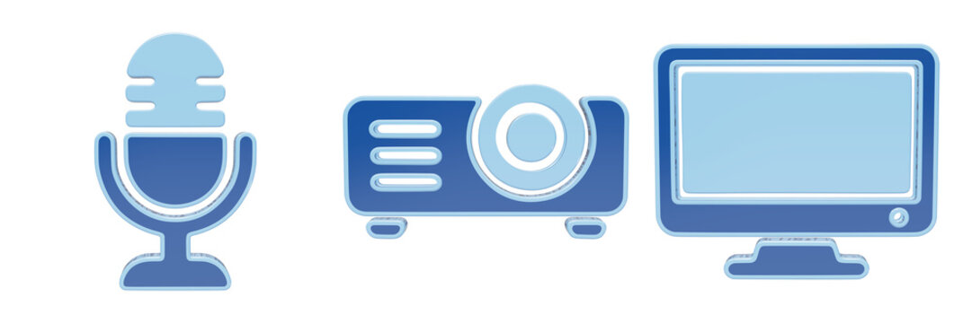 Media technology icons isolated on transparent background. Blue flat vector illustrations of a podcast microphone, digital projector, and computer monitor. Multimedia equipment symbols set.