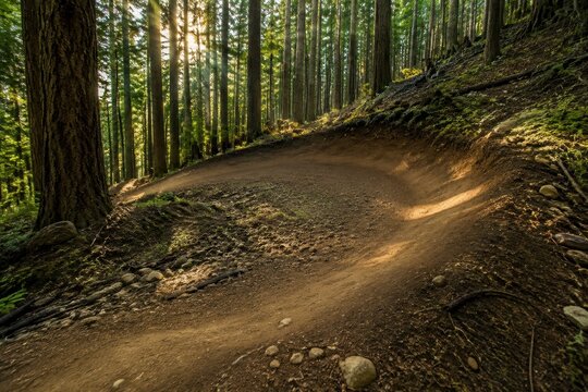 Bermed mountain bike trail curving through a pine forest