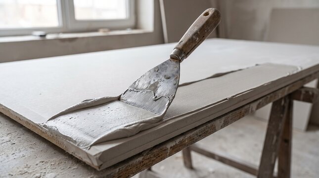 Metal putty knife spreading plaster on drywall board for home renovation construction work