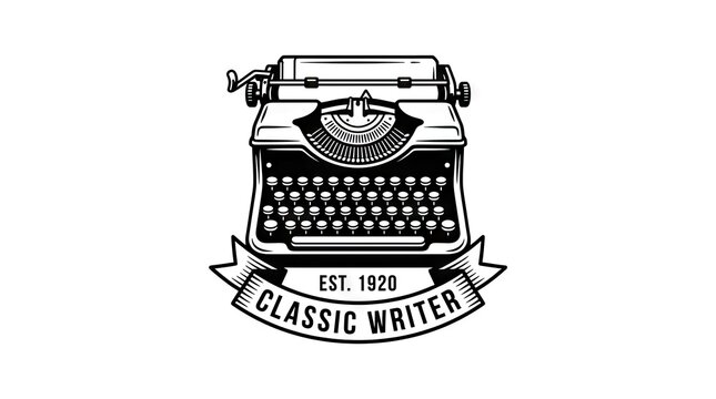 Vintage typewriter classic writer emblem on white.