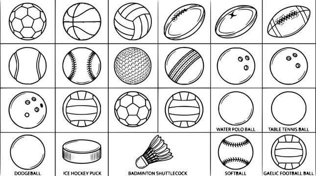 Sports balls set with monochrome illustrations featuring soccer ball, basketball, volleyball with cricket ball, baseball and dodgeball