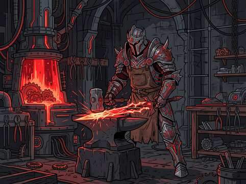 Armored blacksmith striking sparks while shaping a luminous energy sword in a steampunk gothic smithy