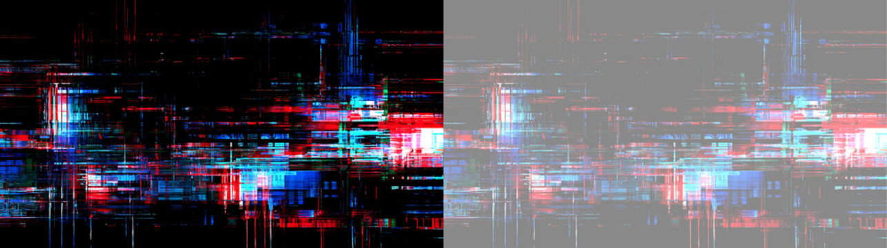 Signal interference dominates abstract frame, with stretched red and blue glitches crossing wide black gaps. Small bright nodes and repeated scan lines suggest faulty display output, not clean image
