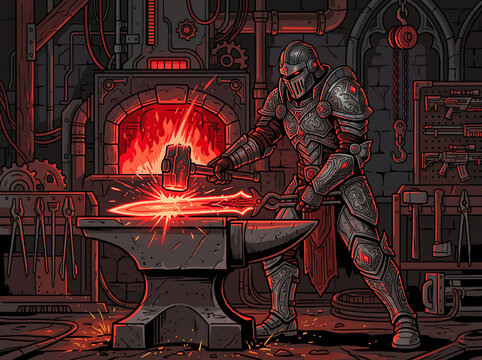 Blacksmith hammering a glowing energy blade at the anvil inside a gothic futuristic forge