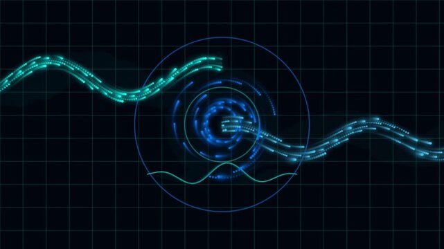 Abstract data stream flowing through digital vortex with rhythmic wave motion effect.