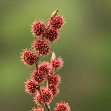 Delicate clusters of reddish-brown flowers bloom on slender branches of a flowering elm tree against a soft, natural green background, natural, serenity, wood