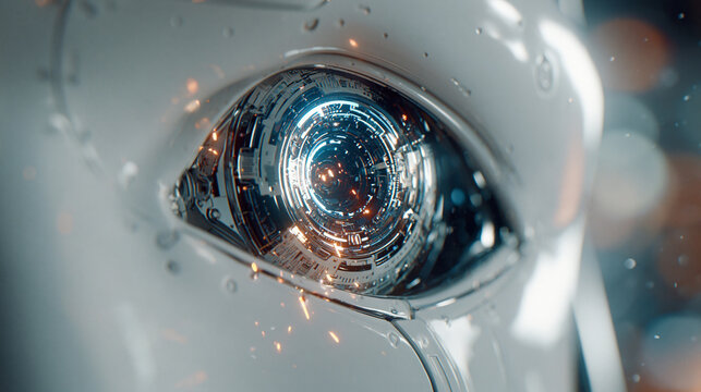 Close-up eye featuring a circular digital tunnel in the pupil  striking cyberpunk backdrop for technology marketing