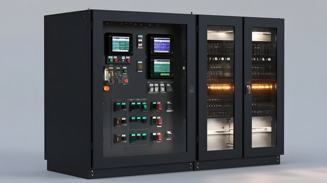 Industrial control cabinet with digital displays  switches  and glass doors revealing internal components and lighting