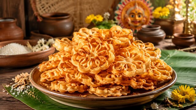 Authentic Sri Lankan Kokis Traditional Rice Flour Snack Stack on Rustic Plate During New Year Festival Celebration with Homemade Village Food Heritage and Cultural Cuisine