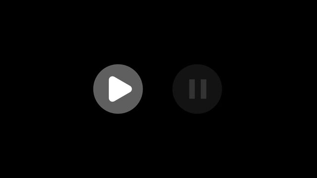 Clicking play button to pause in circle icon animation, minimalist black media player user interface controller on black background.Minimal video player play pause toggle animation.