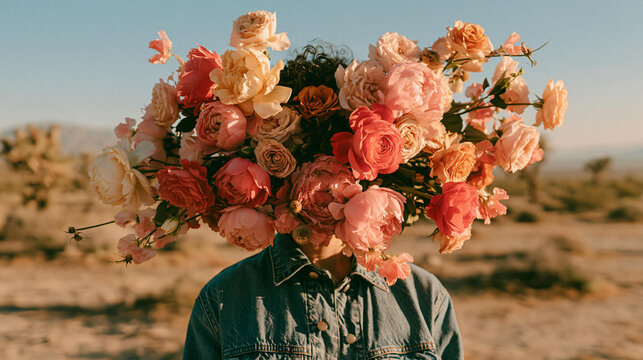 Woman with a Colorful Floral Arrangement as Head in a Desert Landscape at Sunset