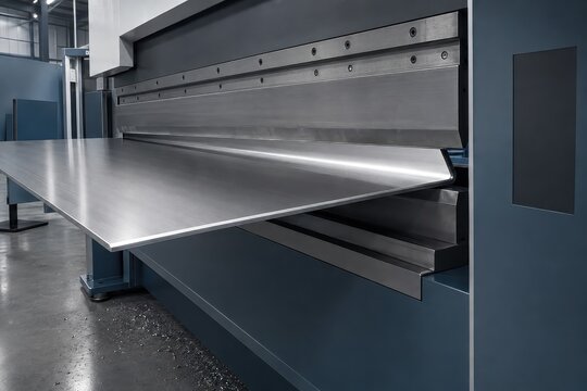 Steel sheet bending on a press brake in a metal fabrication workshop